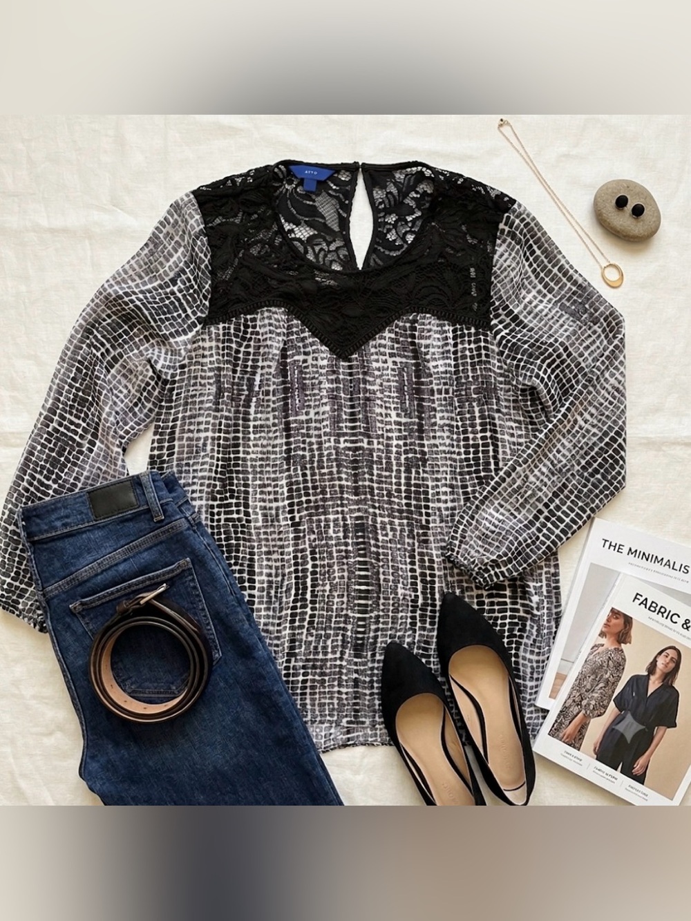Apt. 9 Black Lace Yoke Monochrome Grid-Print Tunic